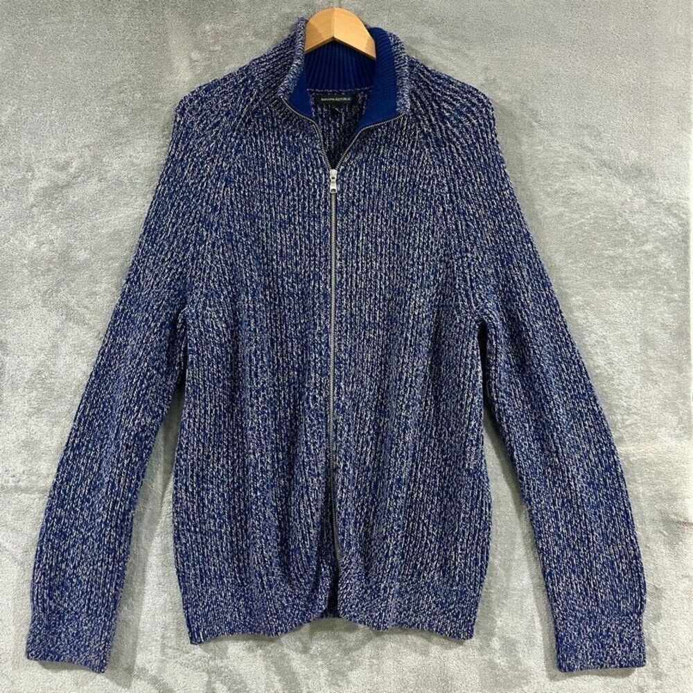 Banana Republic Zip Marled Blue Mock Neck 100% Cotton Thick Ribbed Sweater Sz XL